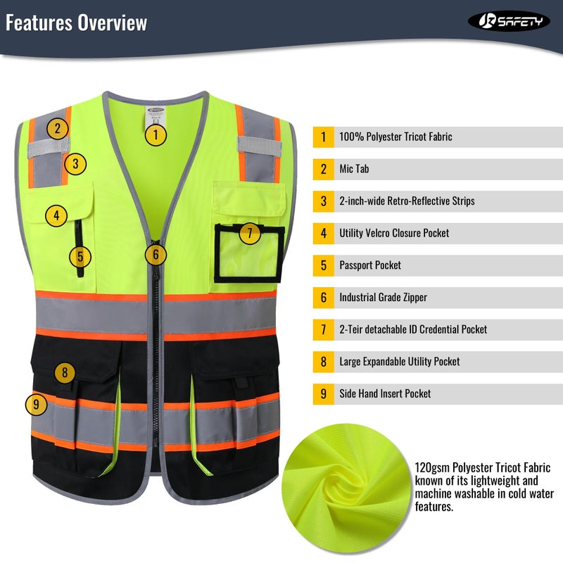 JKSafety سترة أمان عالية الوضوح بجيب 7 مع سحاب أمامي من JKSafety مع شرائط عاكسة. تفي بمعايير ANSI/ISEA (130-أصفر-أسود M) - Image 3